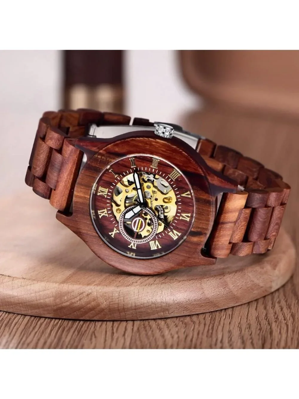 Men's All Red Analog Quartz No Battery Fashion Mechanical Movement Wooden Watch